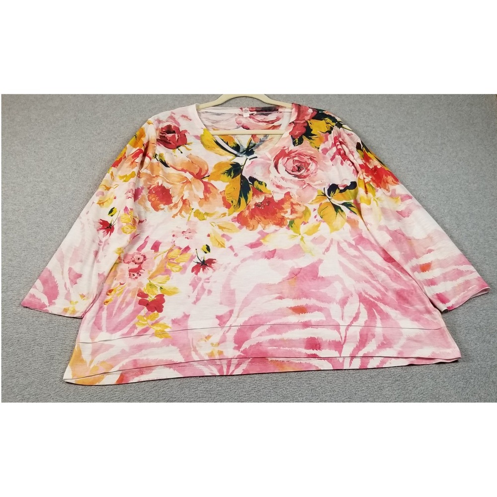 Concepts Top Women XL Floral See Through 3/4 Sleeve Embellish Stretch Spring Tee
